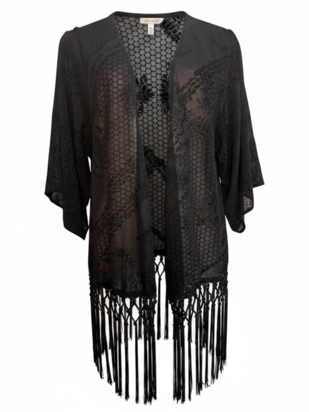 Haute Hooligan Burnout Velvet Fringe Kimono Duster‎ Black OS